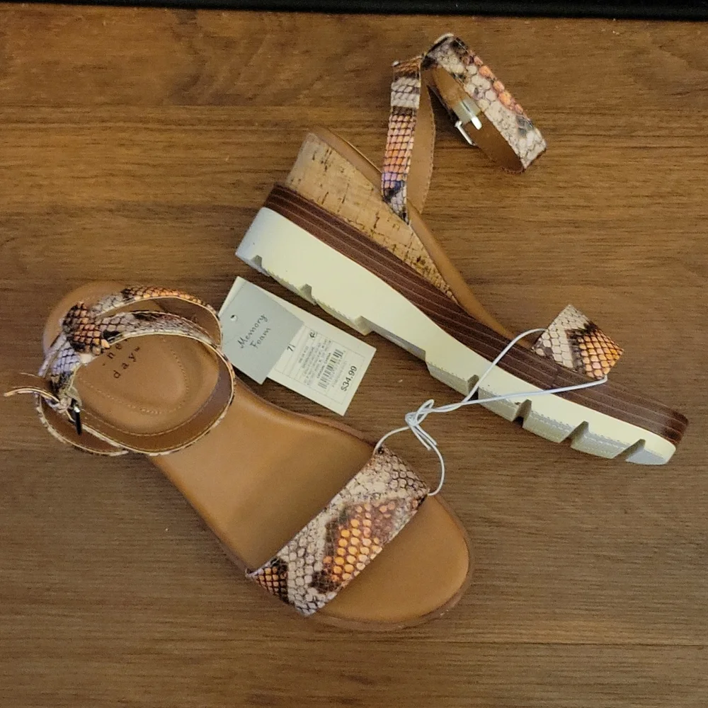 A New Day Abgail snakeskin cork open toe ankle strap wedge white sole 7..5 NEW…
